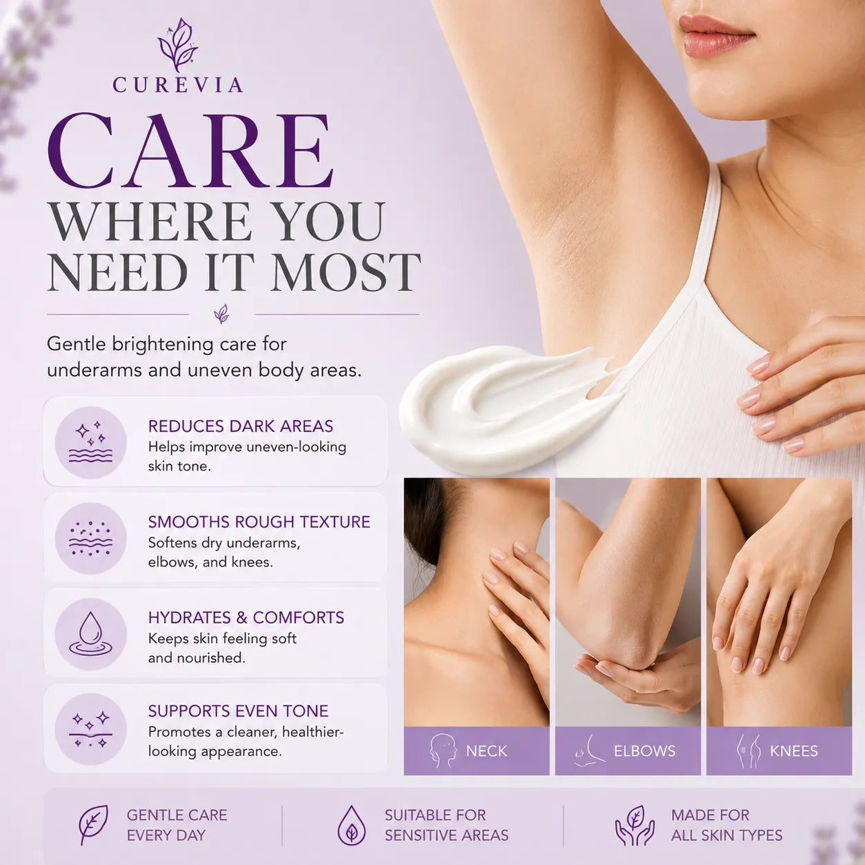 Curevia underarm brightening cream for smoother, softer and more even skin