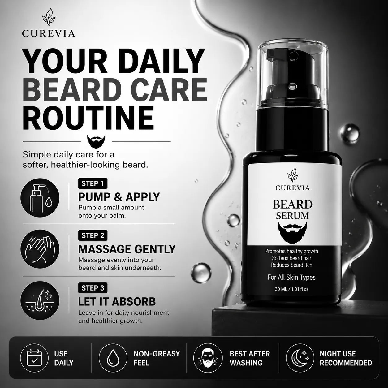 How to apply Curevia Healthy Beard Growth and Itch Control Serum for daily beard care
