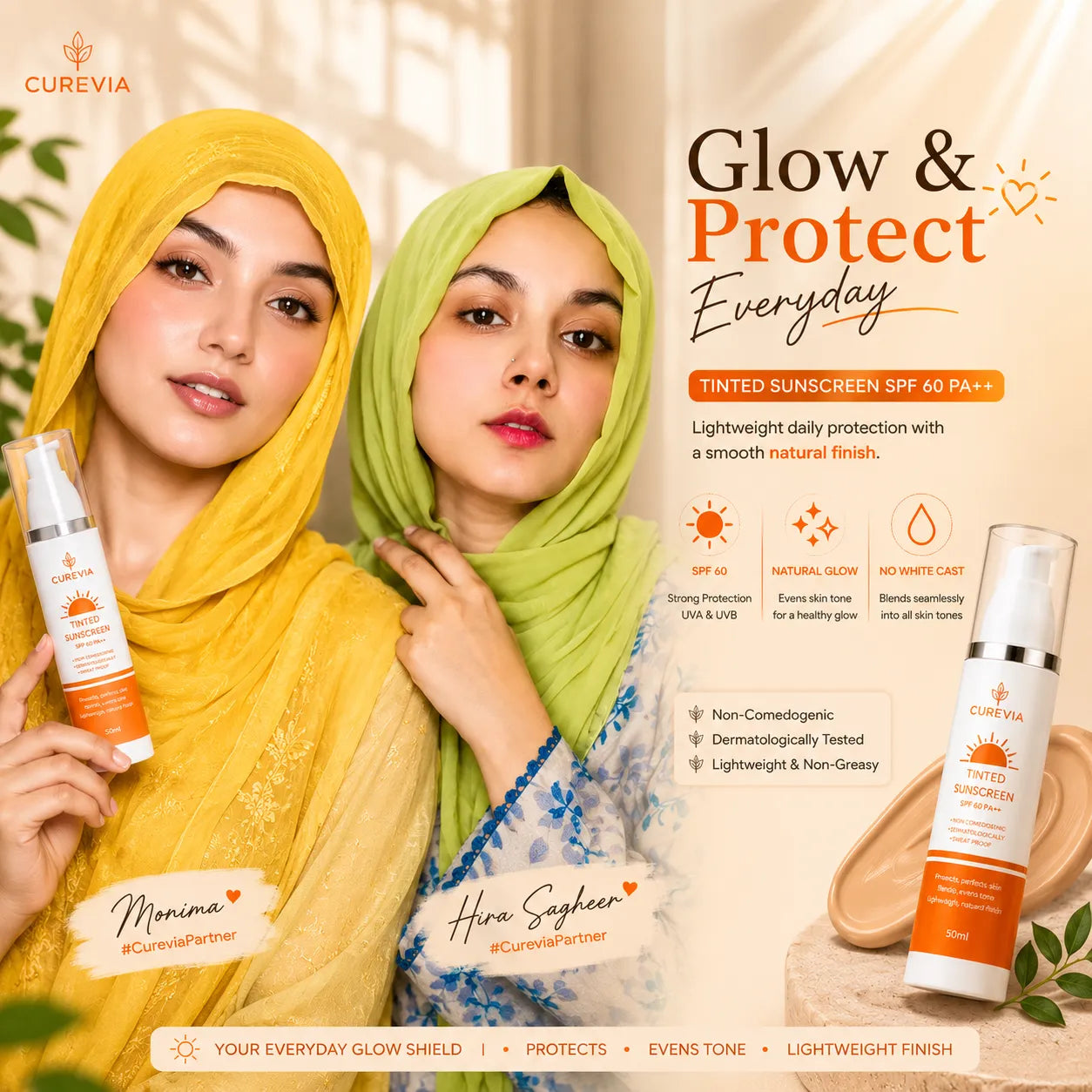 Woman with a fresh and natural glow after applying tinted sunscreen for daily sun protection