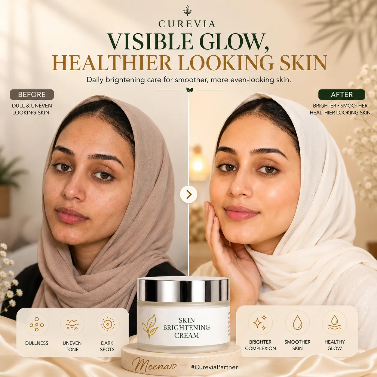 Woman with brighter and more even-looking skin using a daily brightening skincare routine