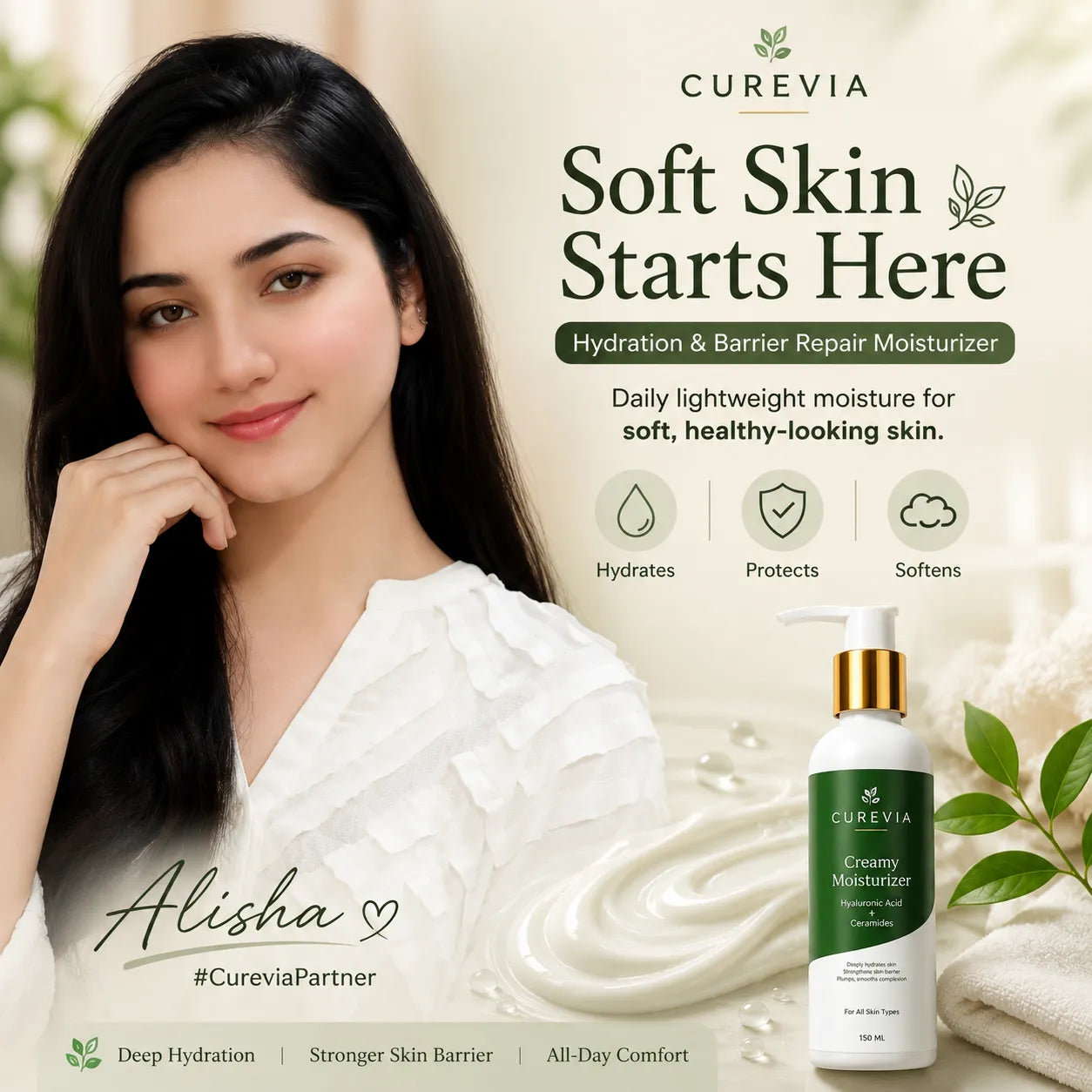 A Young girl with healthy and hydrated-looking skin using a daily moisturizing skincare routine