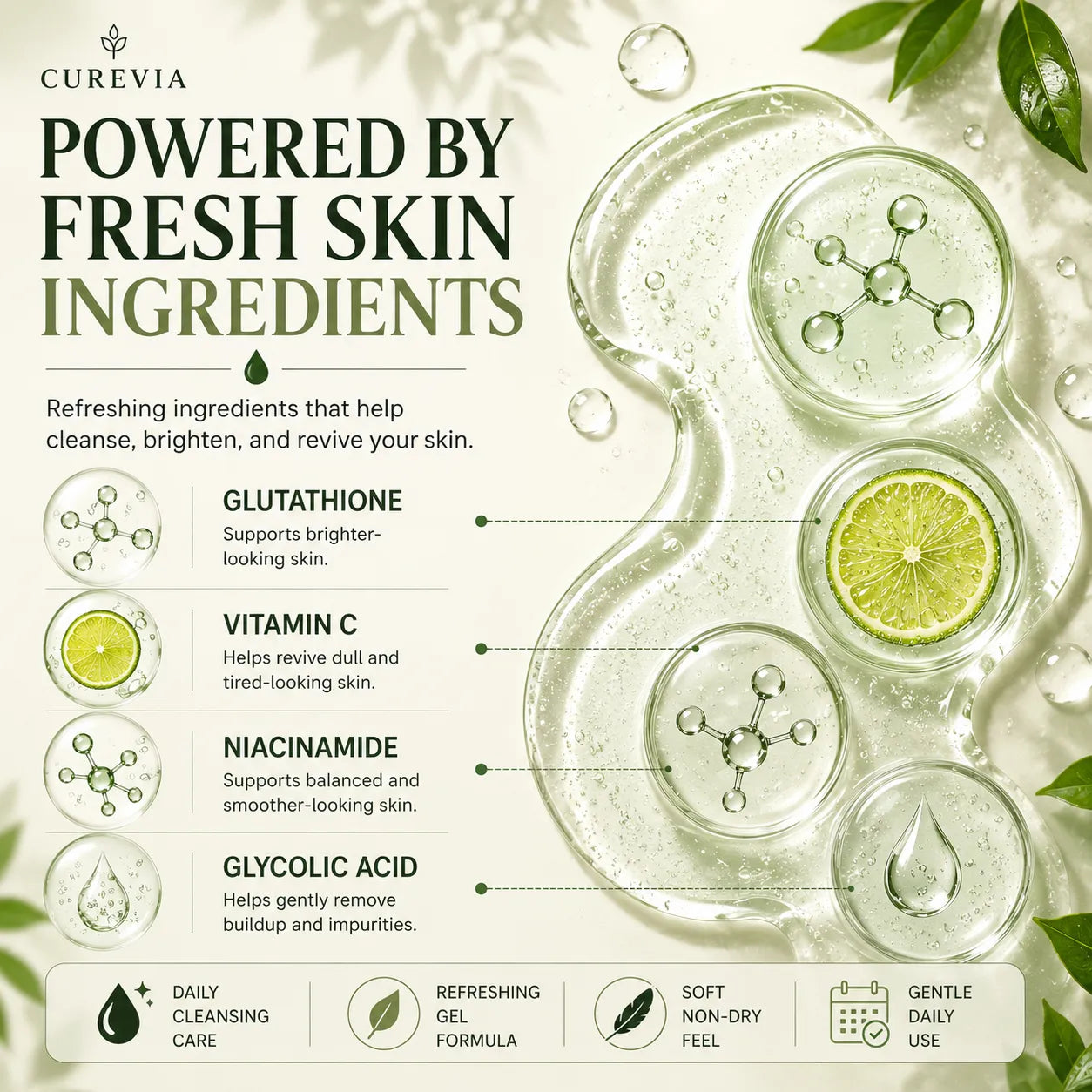 Curevia Instant Brightening Gel Facewash with ingredients that help cleanse and refresh the skin