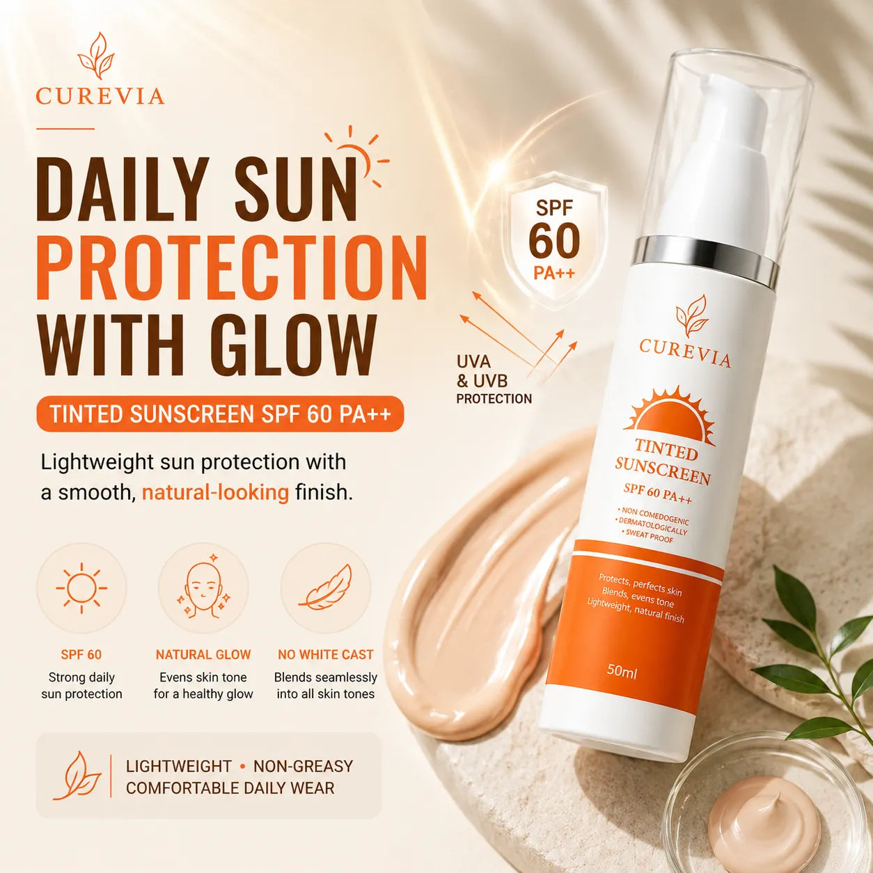 Texture of Curevia Tinted Sunscreen SPF 60 showing its lightweight and non-greasy formula