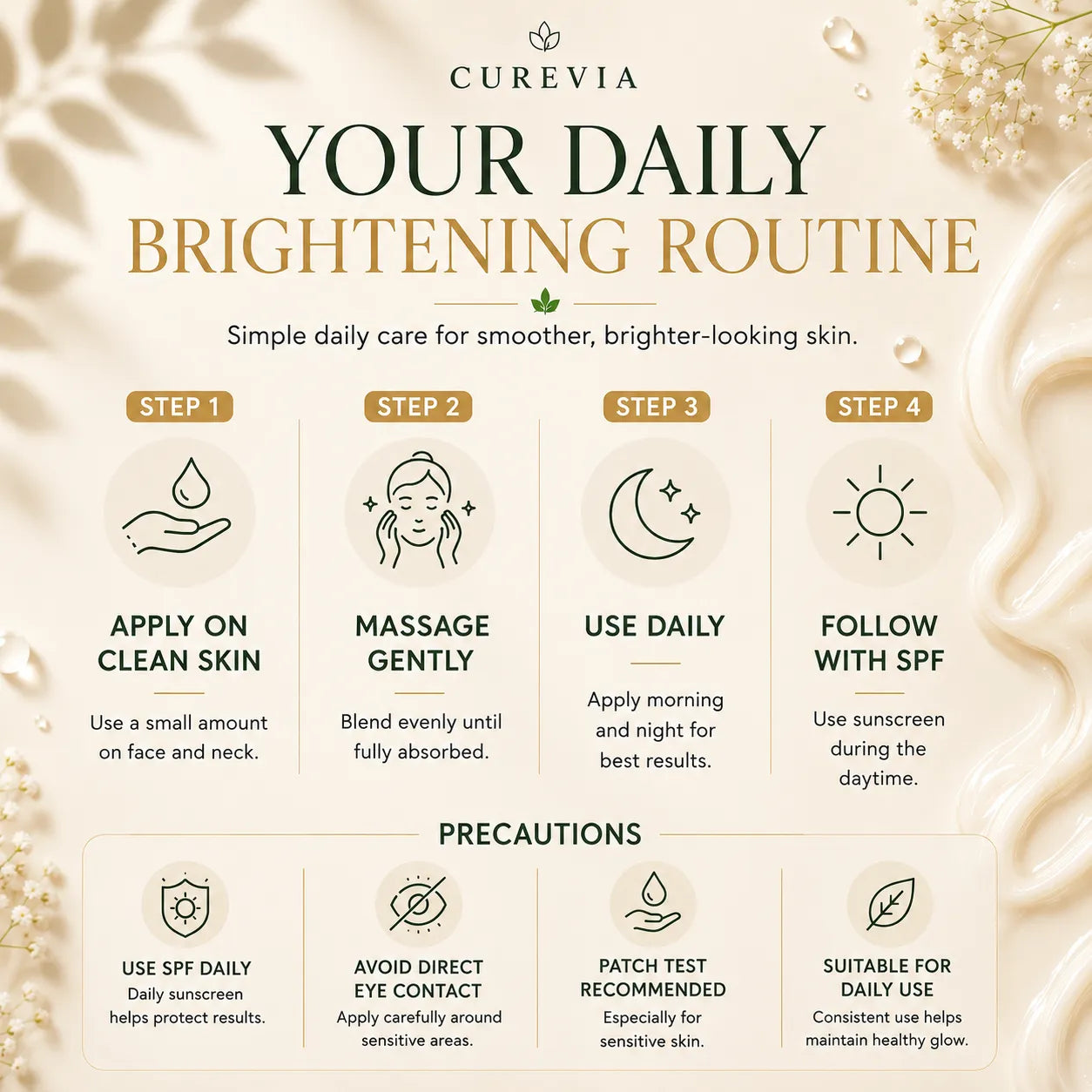 How to apply Curevia Brightening and Dark Spot Repair Cream as part of a daily skincare routine