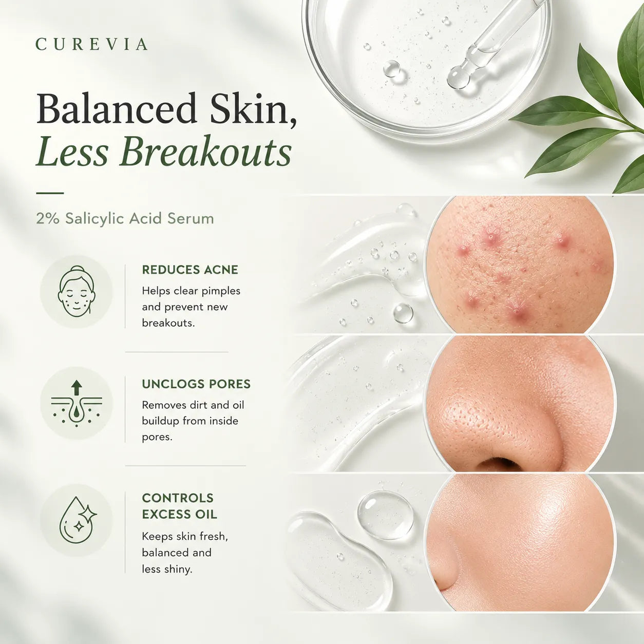 Curevia Salicylic Acid 2% Serum for unclogging pores and reducing blackheads and whiteheads