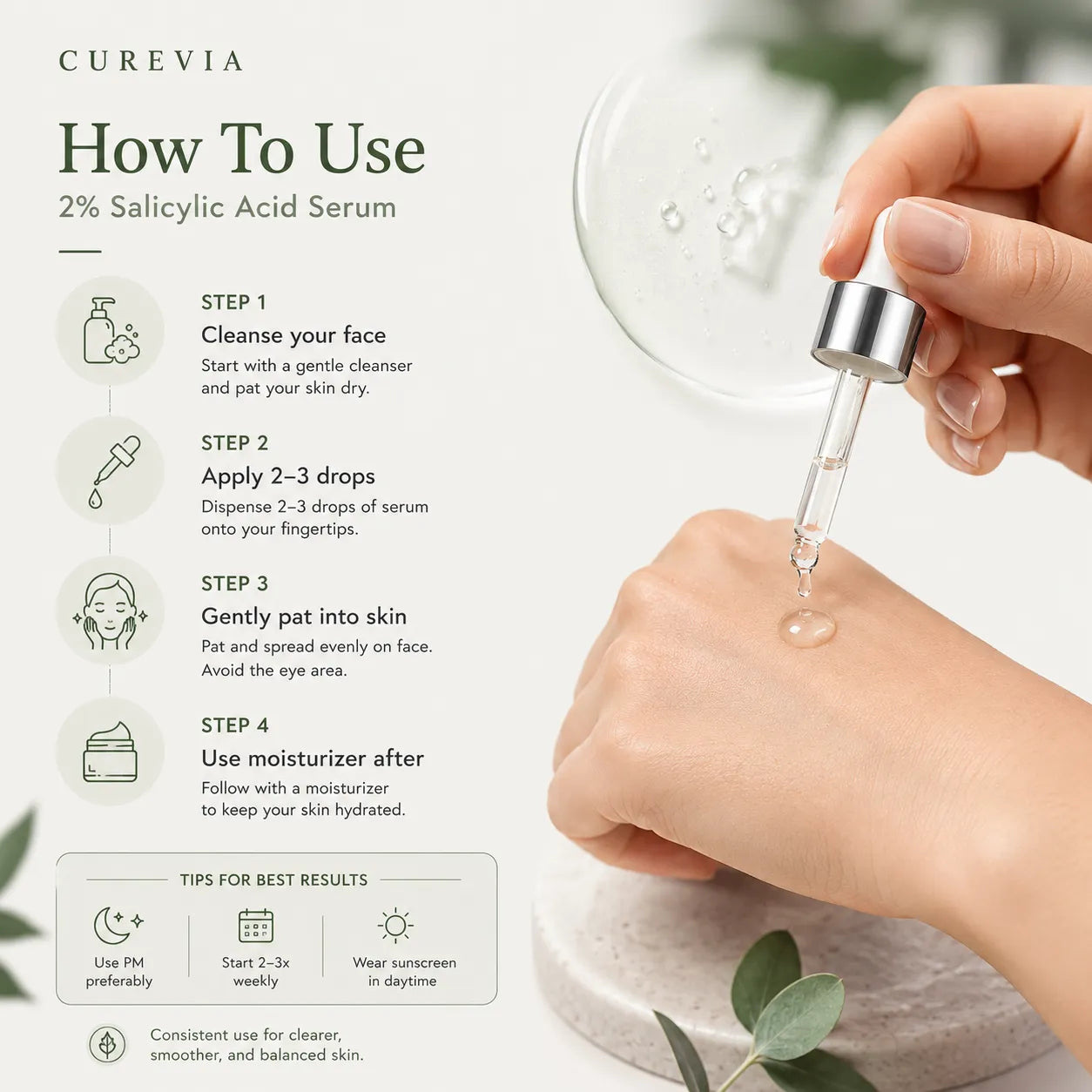 How to apply Curevia Acne Control and Oil Clearing Serum as part of a daily acne care routine