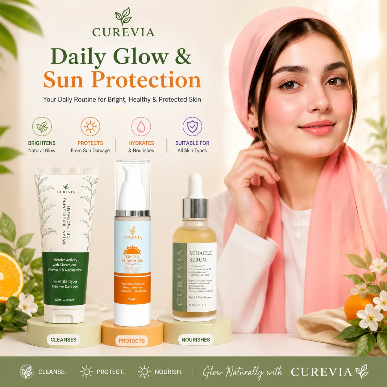 Woman with healthy glowing skin using Curevia brightening and sun protection skincare routine