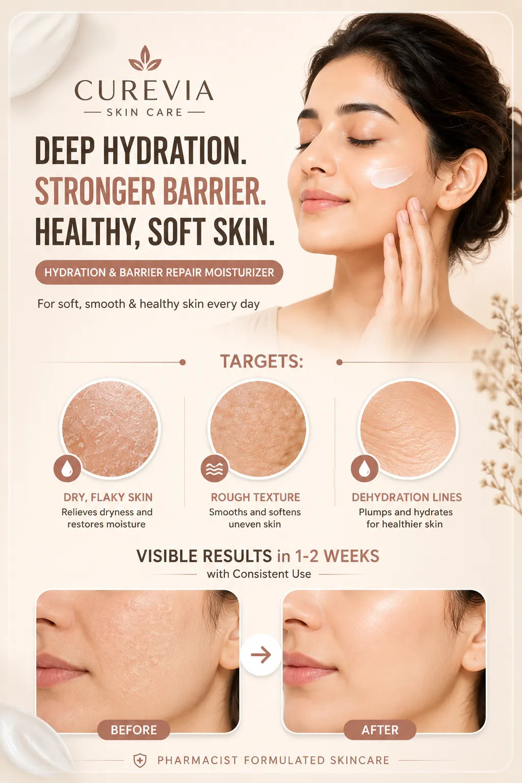 Curevia Hydration and Barrier Repair Moisturizer infographic highlighting hydration and skin barrier benefits