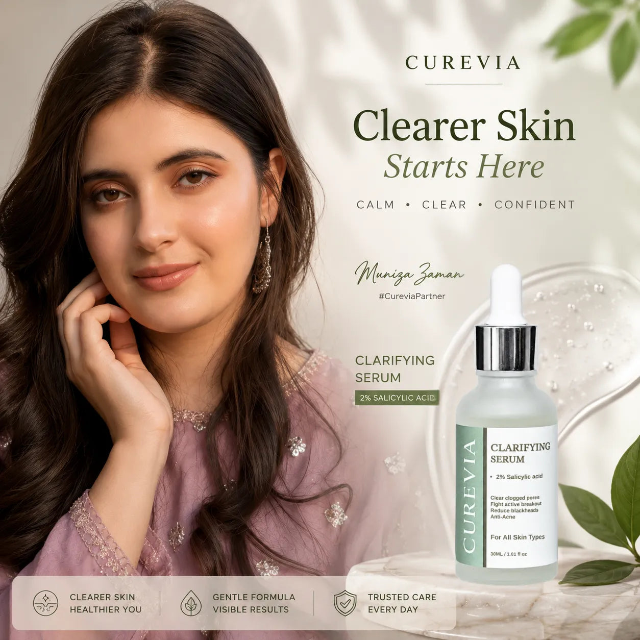 Woman with balanced and clearer-looking skin using a salicylic acid serum for acne-prone skin
