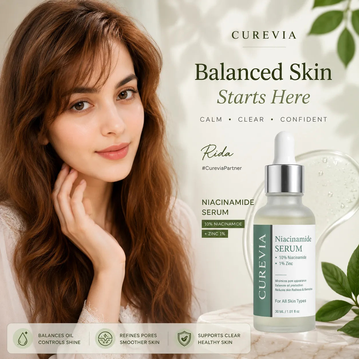 Person with clear and balanced-looking skin using a niacinamide skincare routine