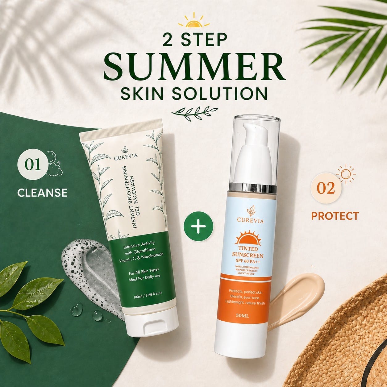 Curevia 2-Step Summer Skin Solution with Brightening Gel Facewash and Tinted Sunscreen SPF 60
