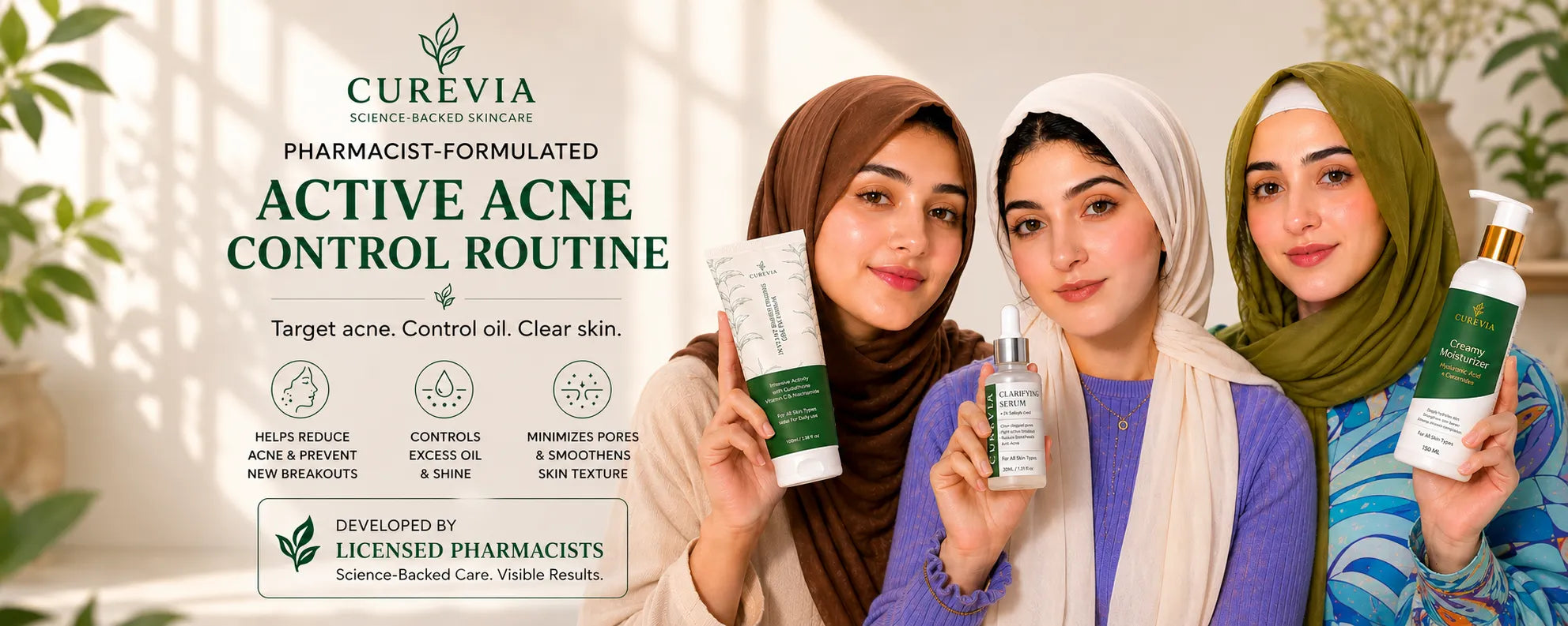 Curevia Active Acne Routine featuring Face Wash, Salicylic Acid Serum and Moisturizer for acne-prone skin