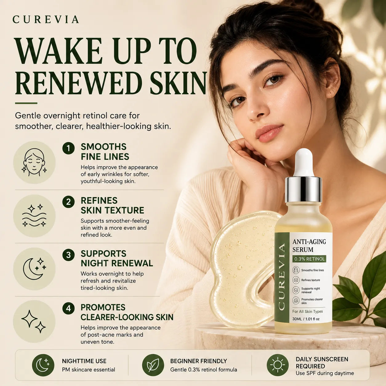 Person with healthier-looking skin using a gentle retinol serum for overnight care