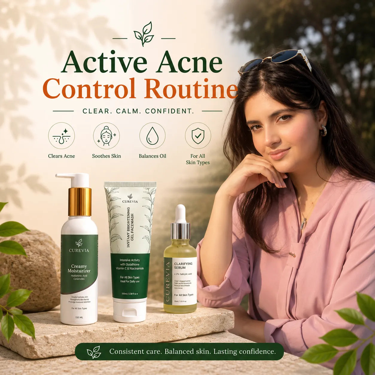 Person with clear and balanced skin following an oil control and acne care skincare routine
