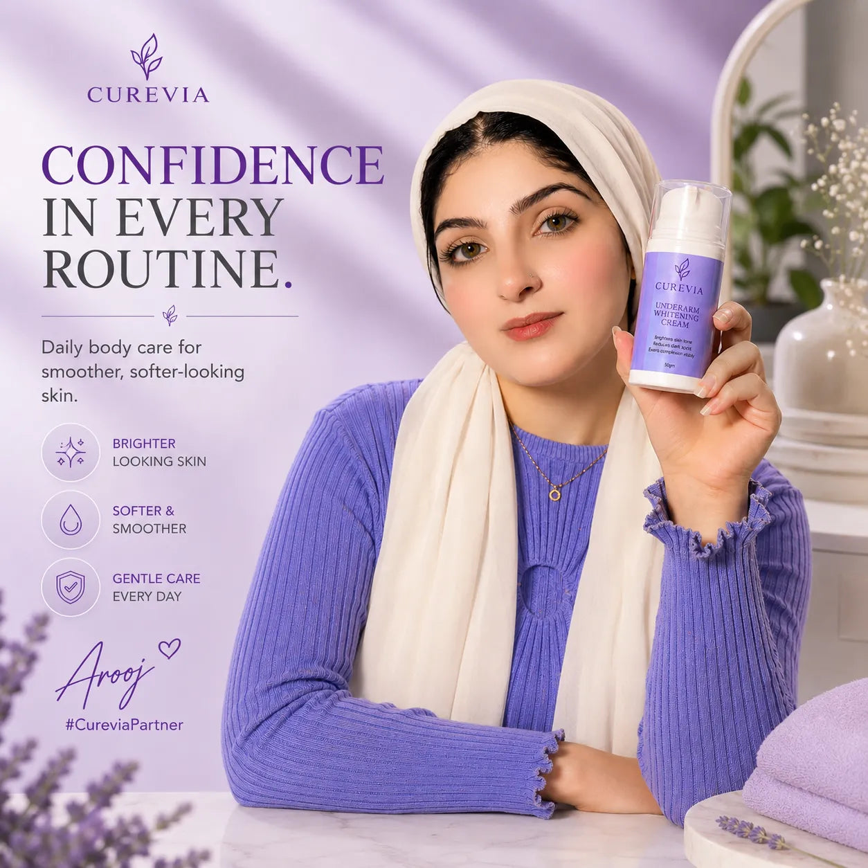 Woman using Curevia Dark Area Brightening Cream for underarm and body care