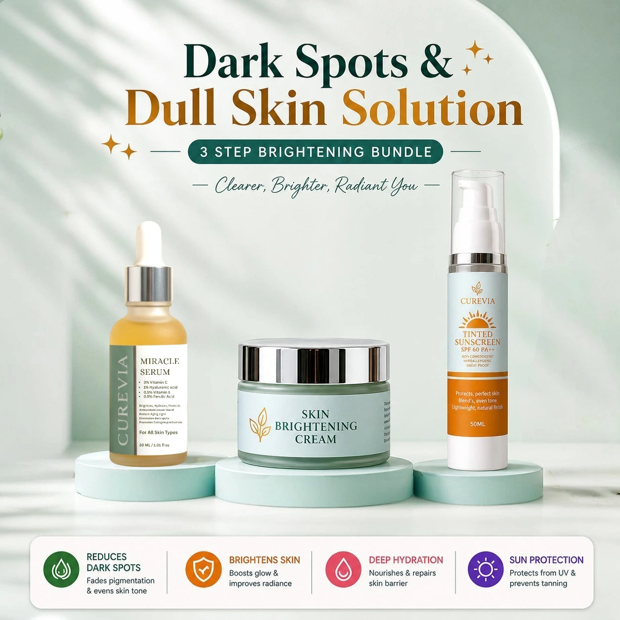 Curevia Dark Spots and Dull Skin Solution with Vitamin C Serum, Brightening Cream and SPF 60 Sunscreen