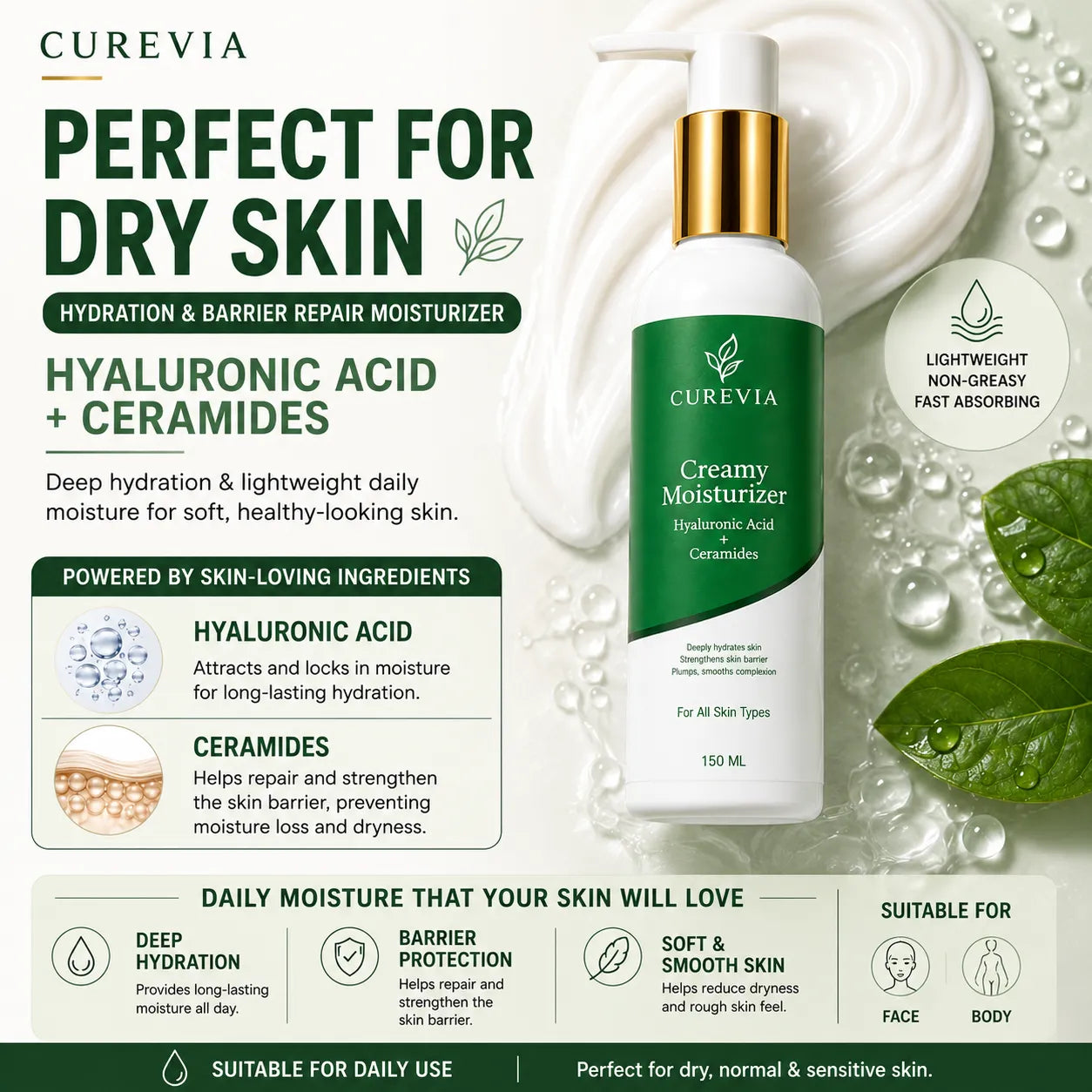 Texture of Curevia Hydration and Barrier Repair Moisturizer showing its smooth and hydrating cream formula