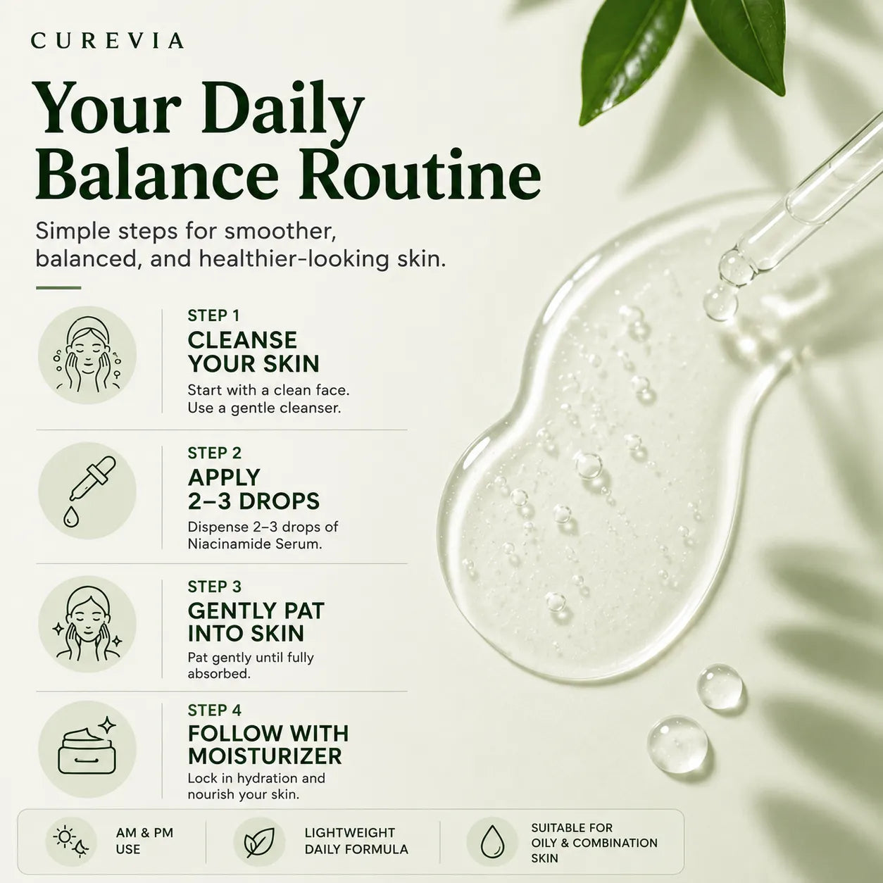 How to apply Curevia Oil Control and Pore Refining Serum as part of a daily skincare routine