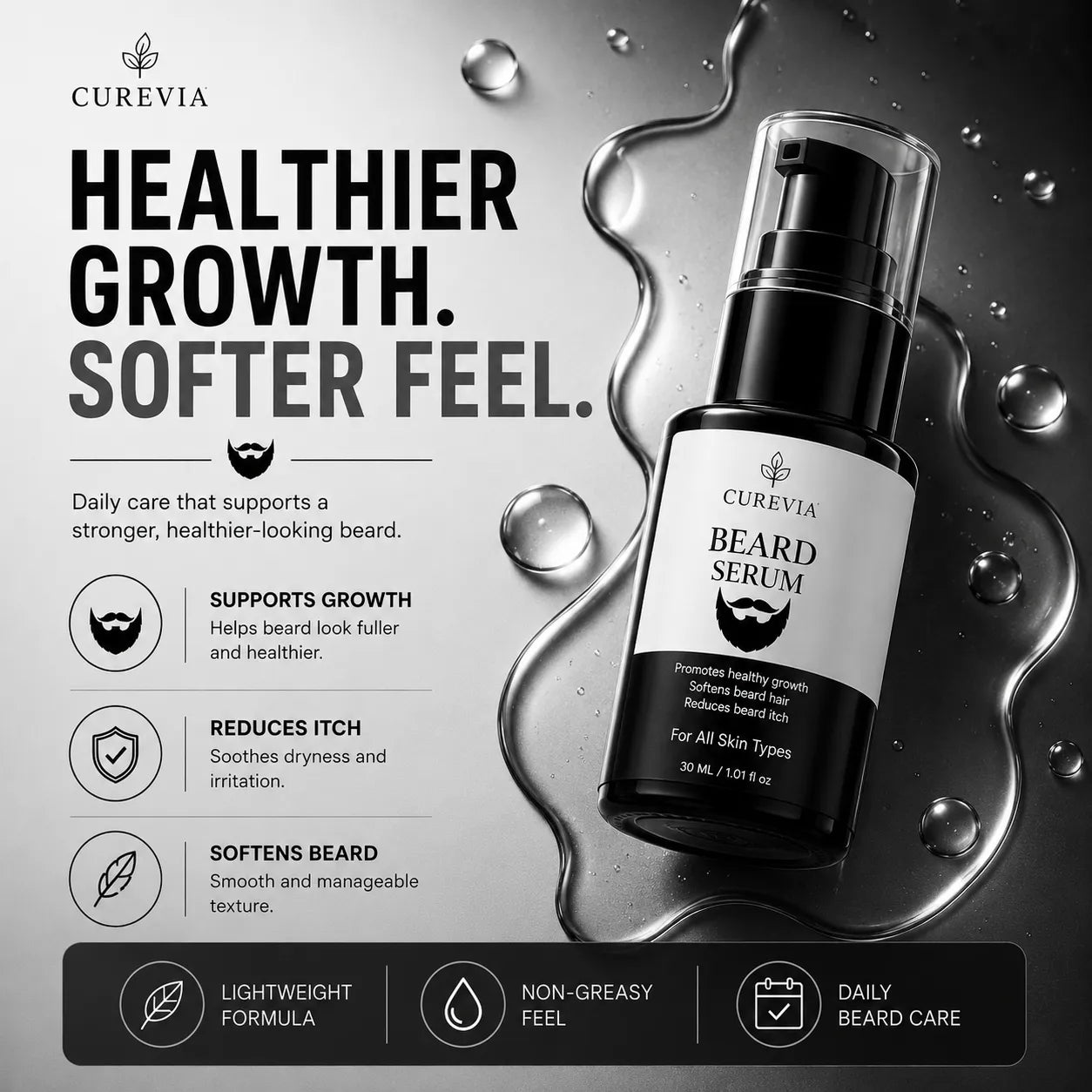 Curevia Beard Growth Serum for reducing beard itch and improving beard softness and appearance