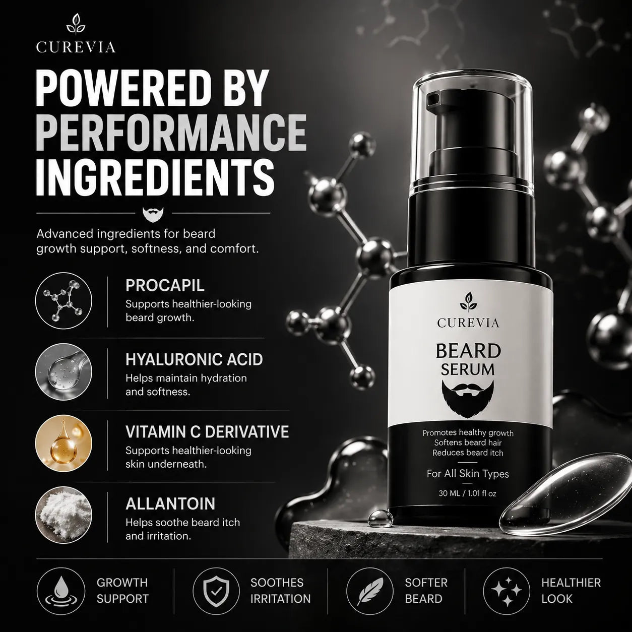 Curevia Beard Growth Serum with nourishing ingredients that help condition beard hair and skin