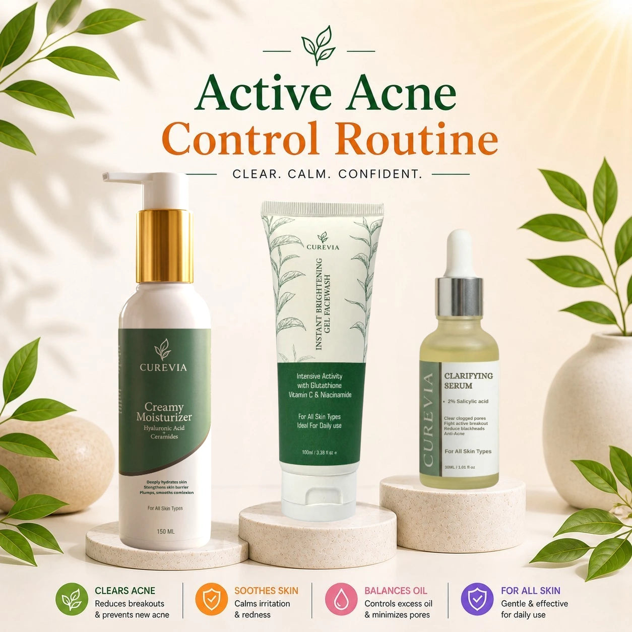 Curevia Oil Control and Pore Minimizing Solution with Facewash, Niacinamide Serum and SPF 60 Sunscreen