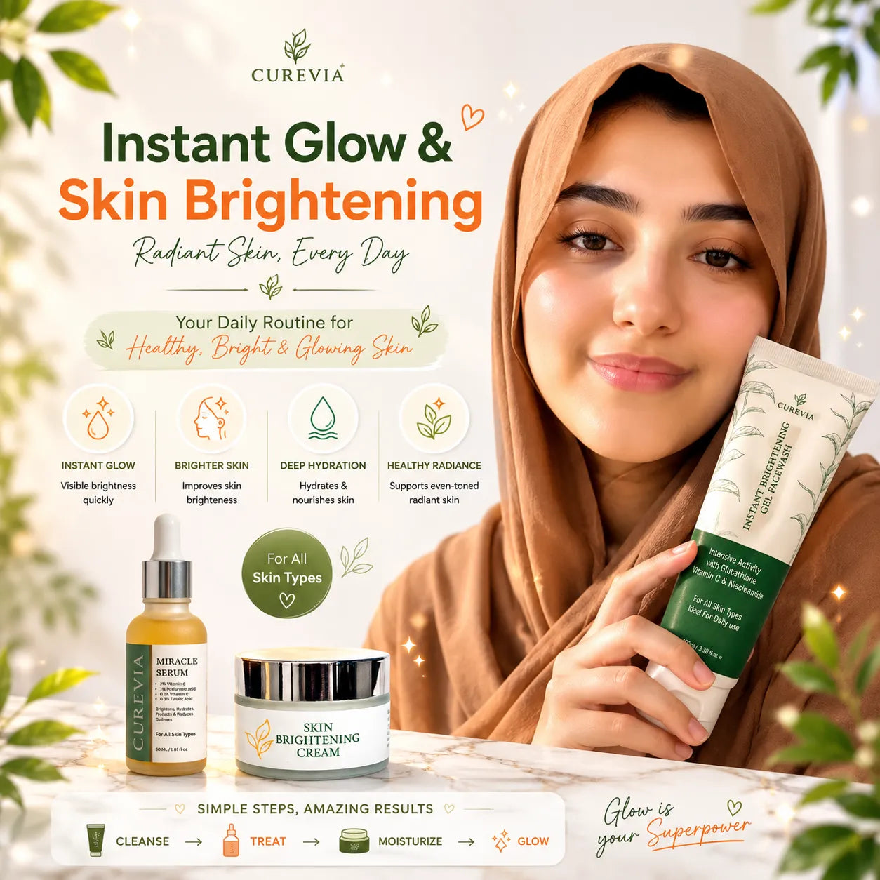 Woman with radiant and glowing skin following a daily brightening skincare routine