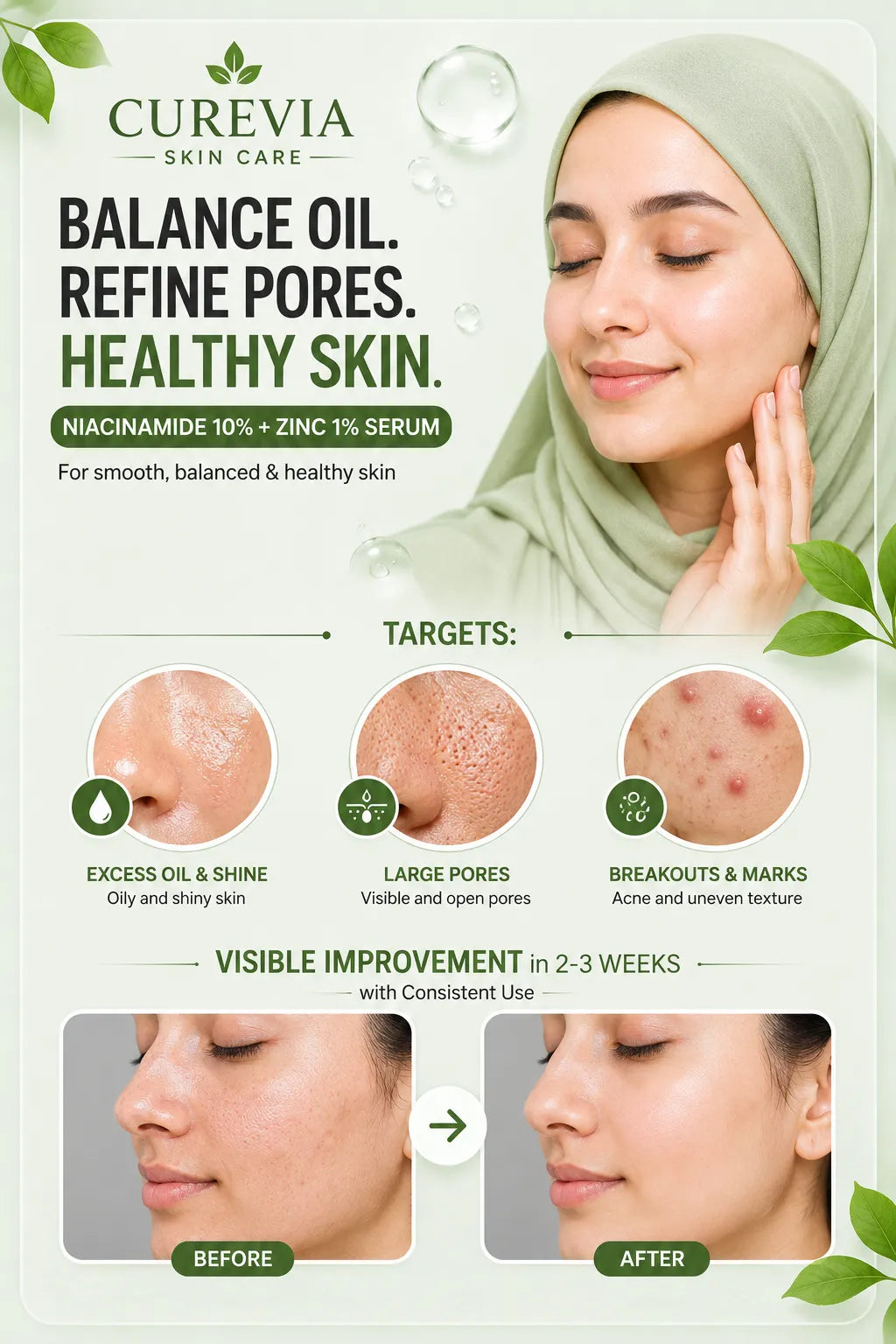 Person with clear and balanced-looking skin using a niacinamide skincare routine