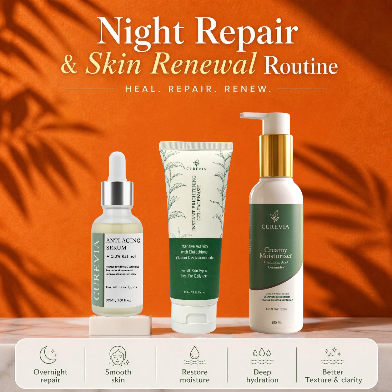 Curevia Night Repair and Skin Renewal Routine with Facewash, Retinol Serum and Moisturizer