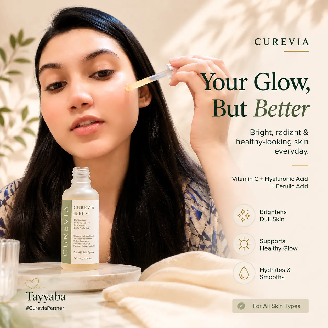 Curevia Brightening and Glow Serum infographic highlighting skin brightening and hydration benefits