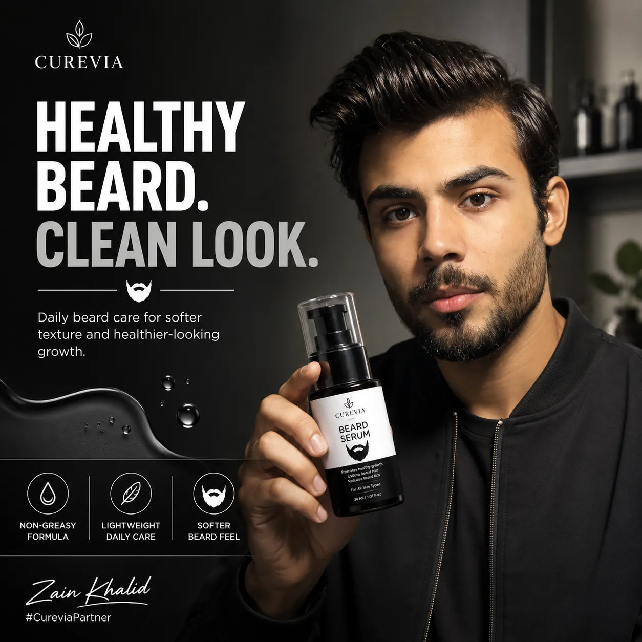 Man with a healthy and well-groomed beard using a daily beard care routine