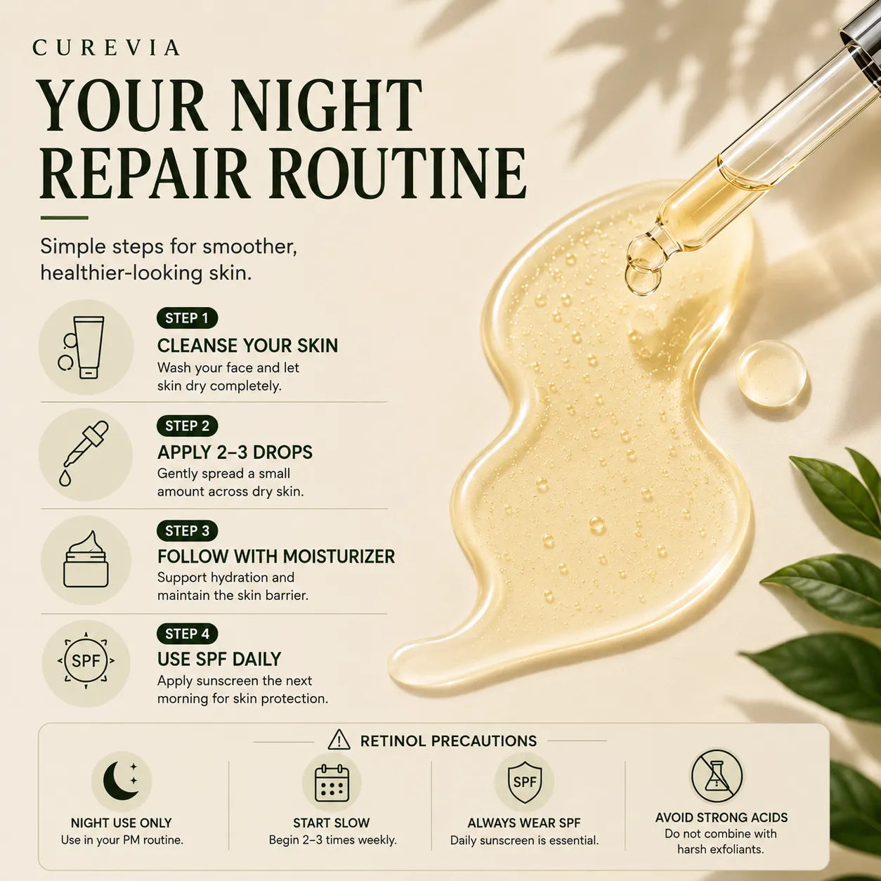Texture of Curevia Night Repair and Anti-Aging Serum showing its lightweight and fast-absorbing formula