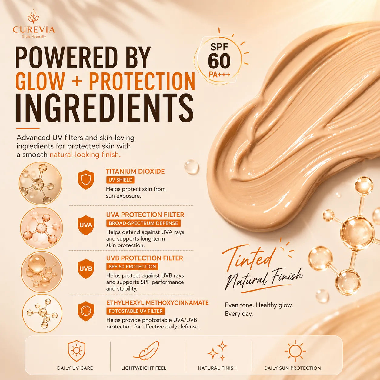 Curevia Tinted Sunscreen SPF 60 with ingredients that help protect skin from daily sun exposure