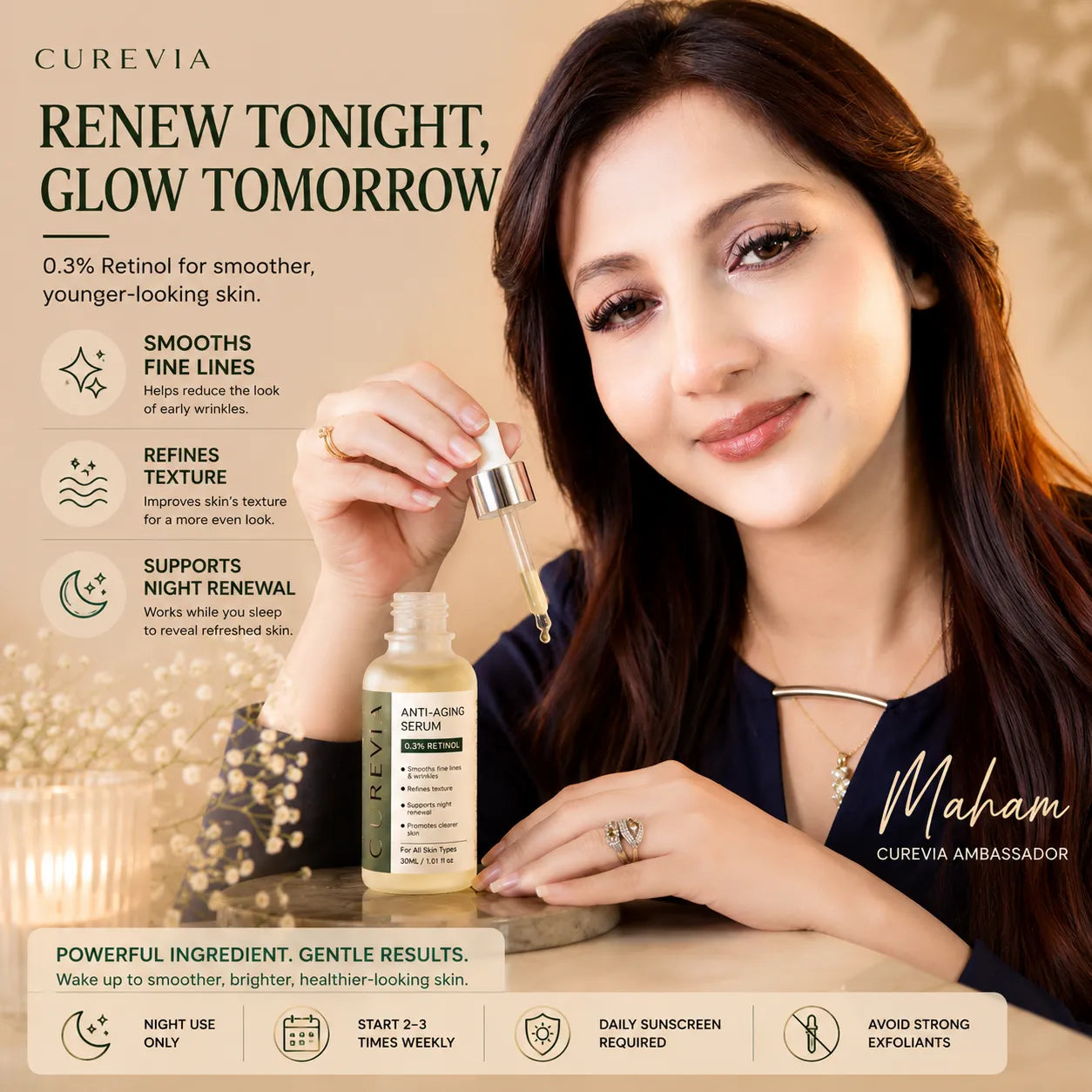 Woman with smoother and refreshed-looking skin following a nighttime retinol skincare routine