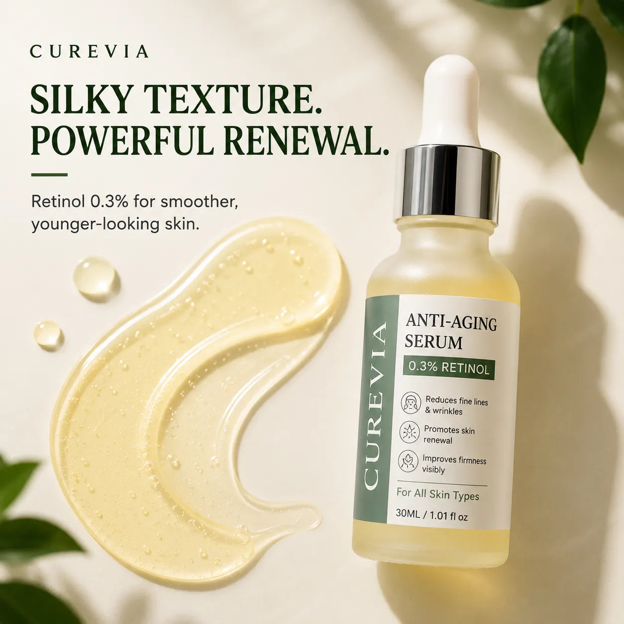 Texture of Curevia Night Repair and Anti-Aging Serum showing its lightweight and fast-absorbing formula
