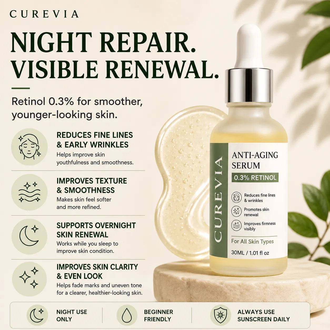 Curevia Retinol 0.3% Serum for smoother-looking skin, improved texture and overnight renewal