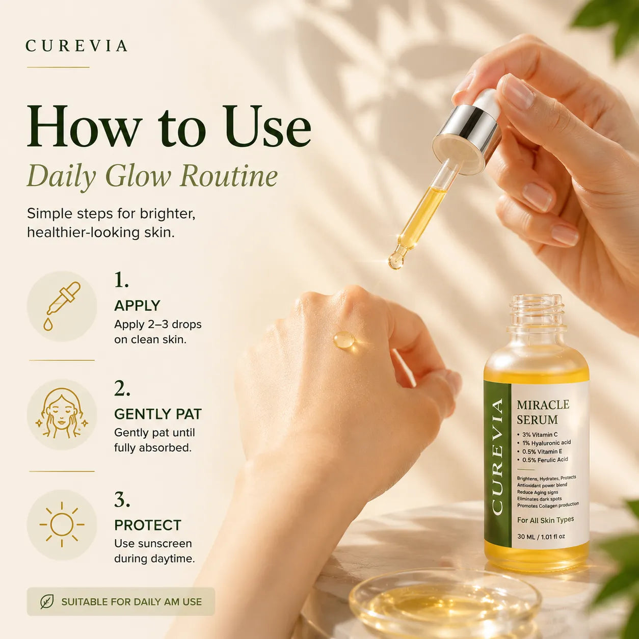 How to apply Curevia Brightening and Glow Serum as part of a daily skincare routine