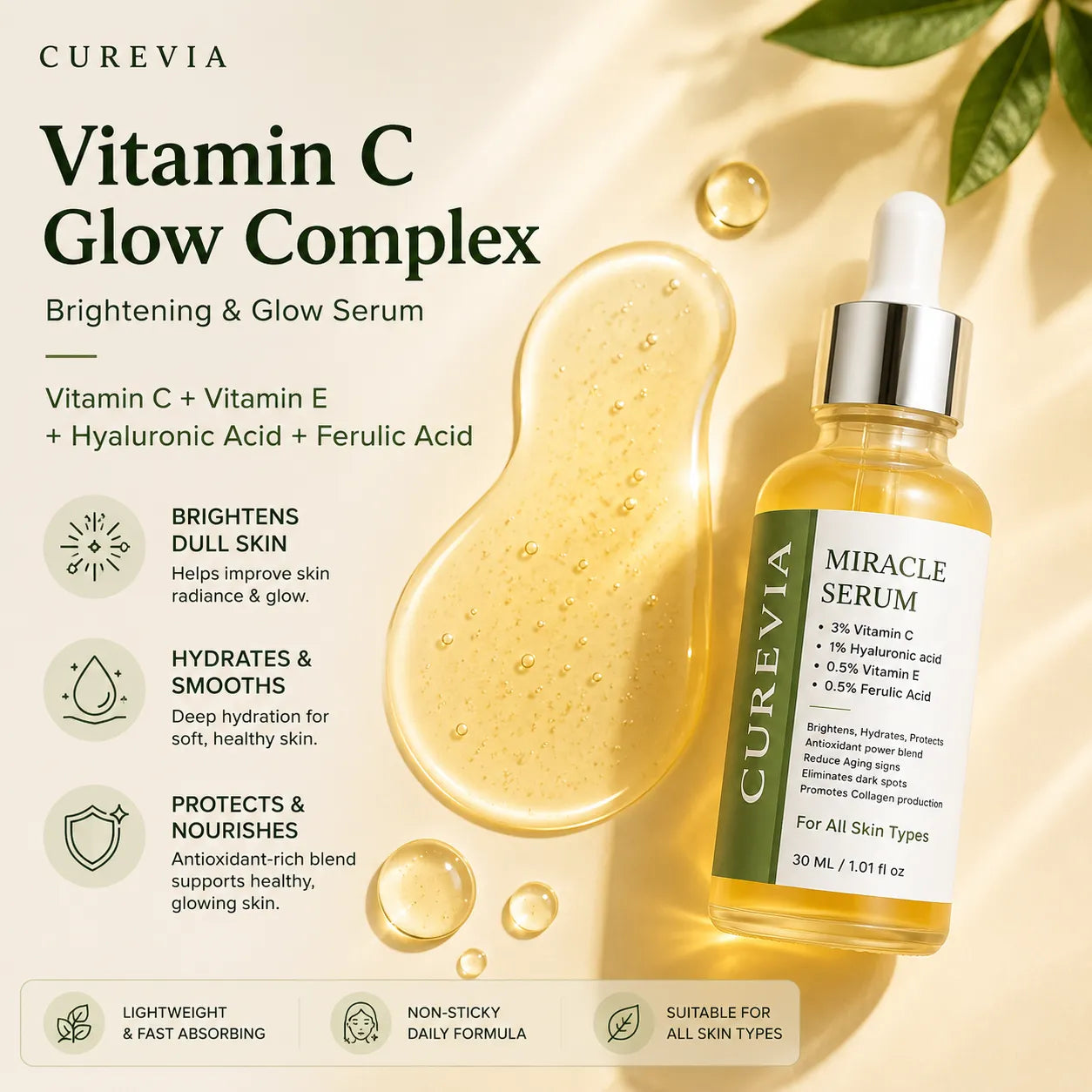 Texture of Curevia Brightening and Glow Serum showing its lightweight and fast-absorbing formula