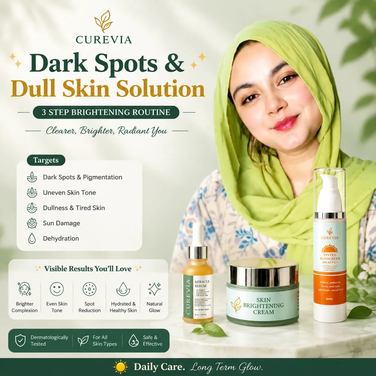 Woman with brighter and more even-looking skin following a dark spots and skin brightening routine