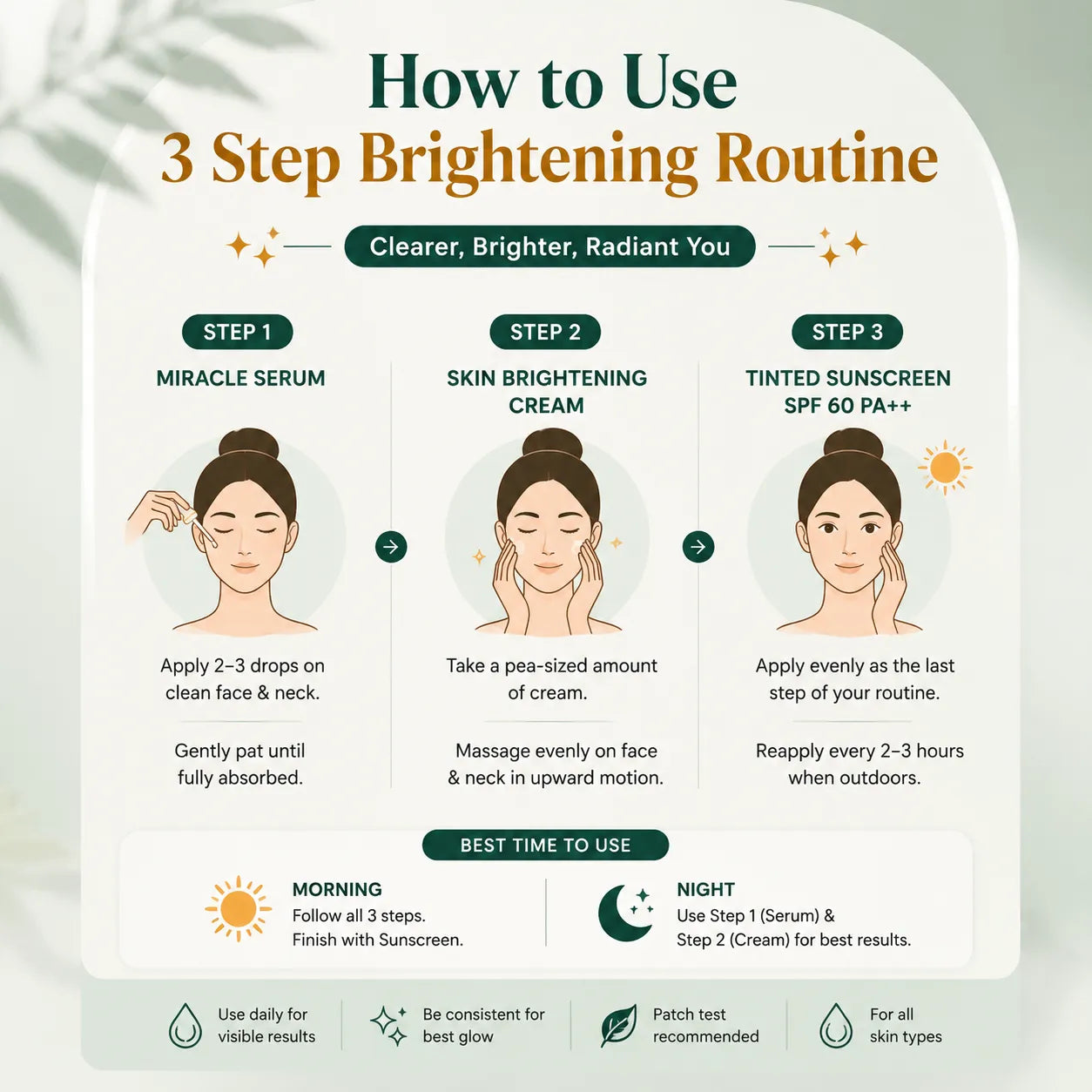 3-step skincare routine with Vitamin C Serum, Brightening Cream and SPF 60 Sunscreen