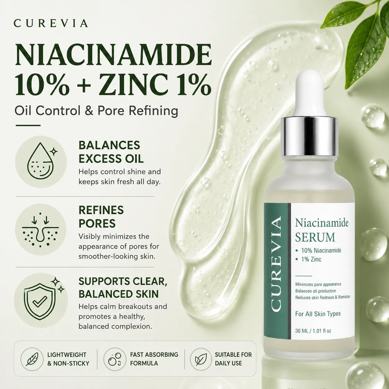 Curevia Niacinamide Serum for oil control, pore refinement and clearer-looking skin