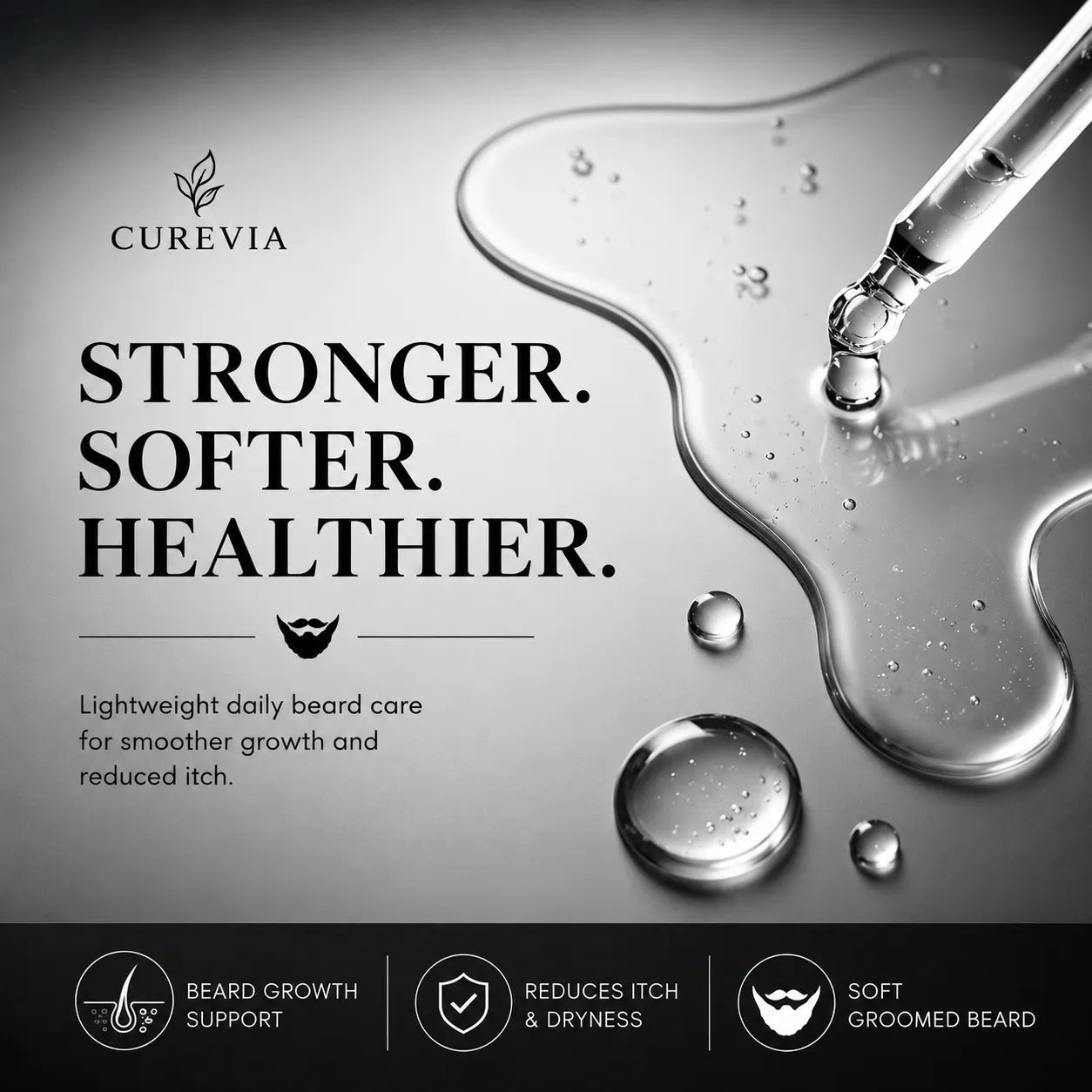 Texture of Curevia Healthy Beard Growth and Itch Control Serum showing its lightweight and non-greasy formula