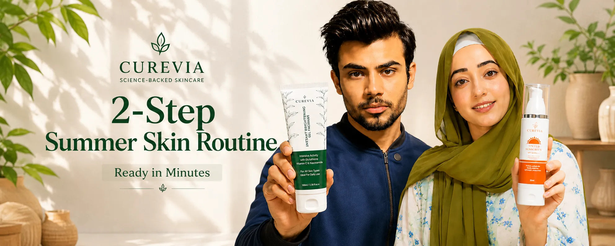 Curevia 2-Step Skincare Routine featuring Face Wash and Tinted Sunblock for daily skin protection