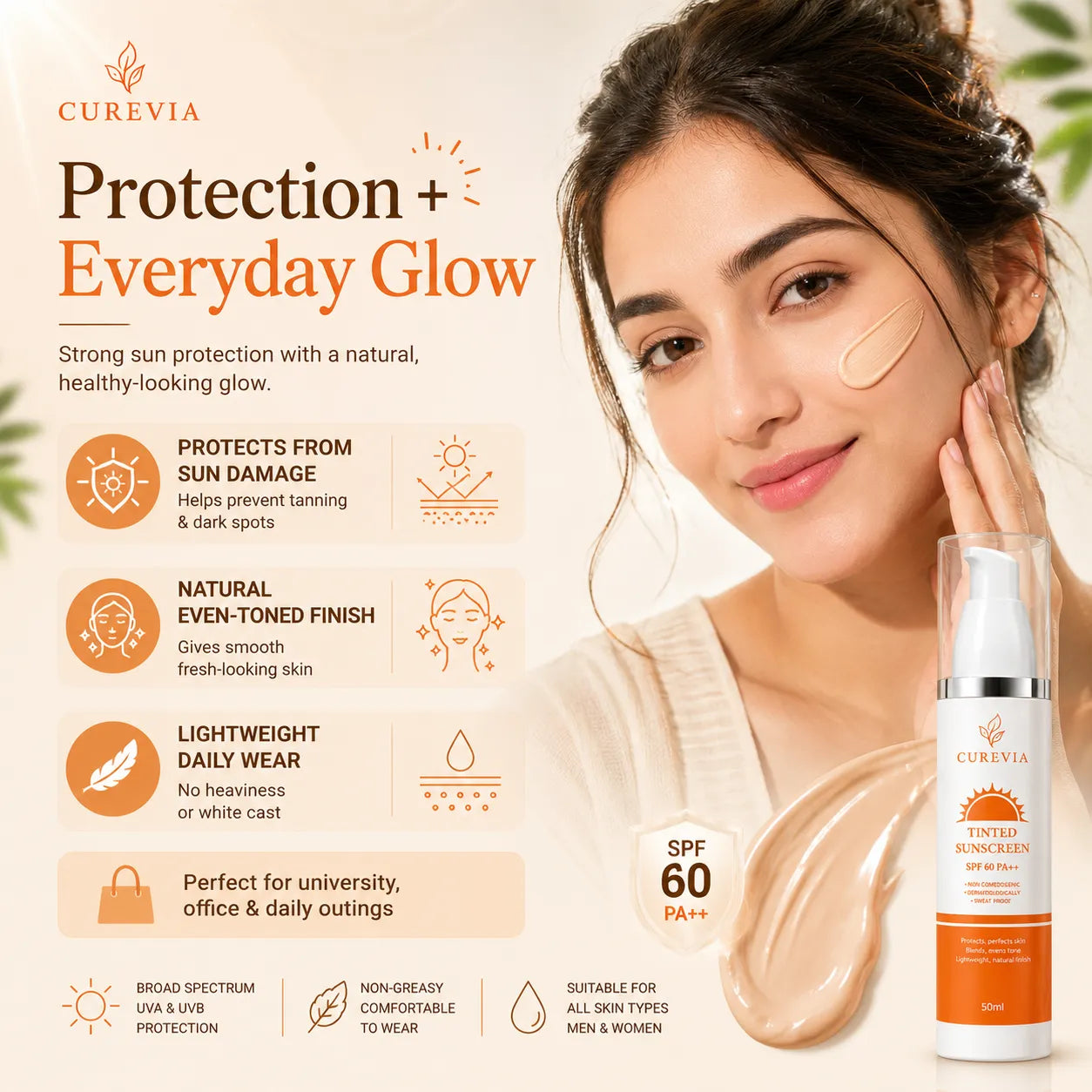 Curevia Tinted Sunscreen SPF 60 for sun protection, prevention of tanning and a natural-looking glow