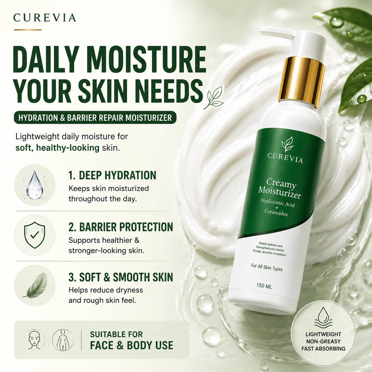 Curevia Moisturizer for deep hydration, softer skin and skin barrier support