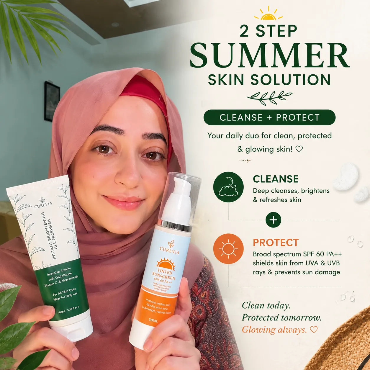 Woman with fresh and protected skin following a simple summer skincare routine