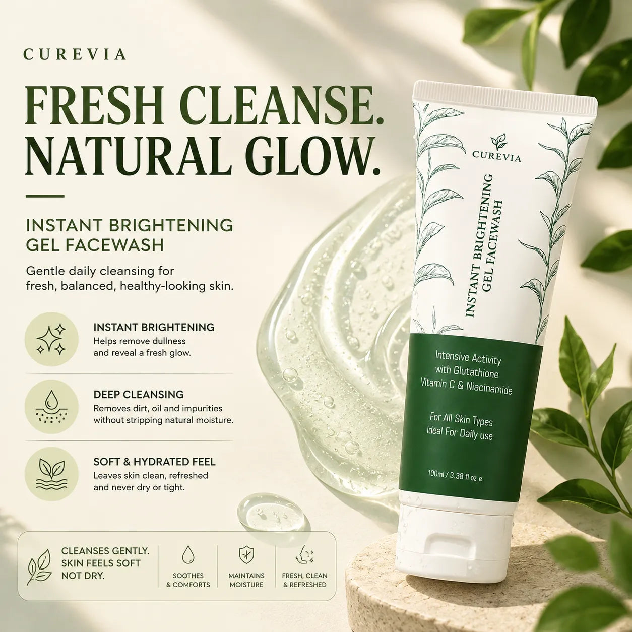 Curevia Instant Brightening Gel Facewash for deep cleansing, fresh skin and improved skin radiance