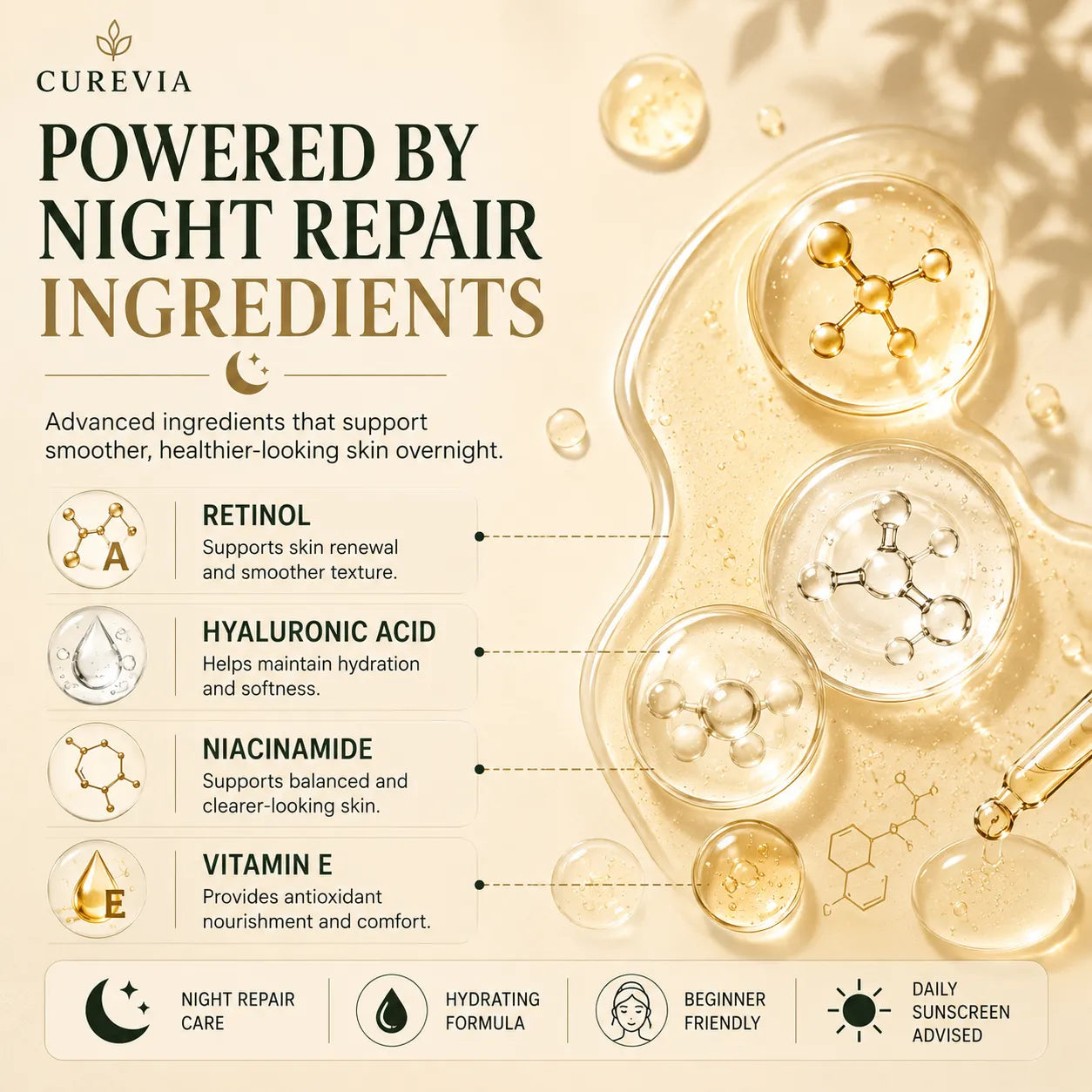 Curevia Retinol 0.3% Serum formulated to support skin renewal and improve skin texture