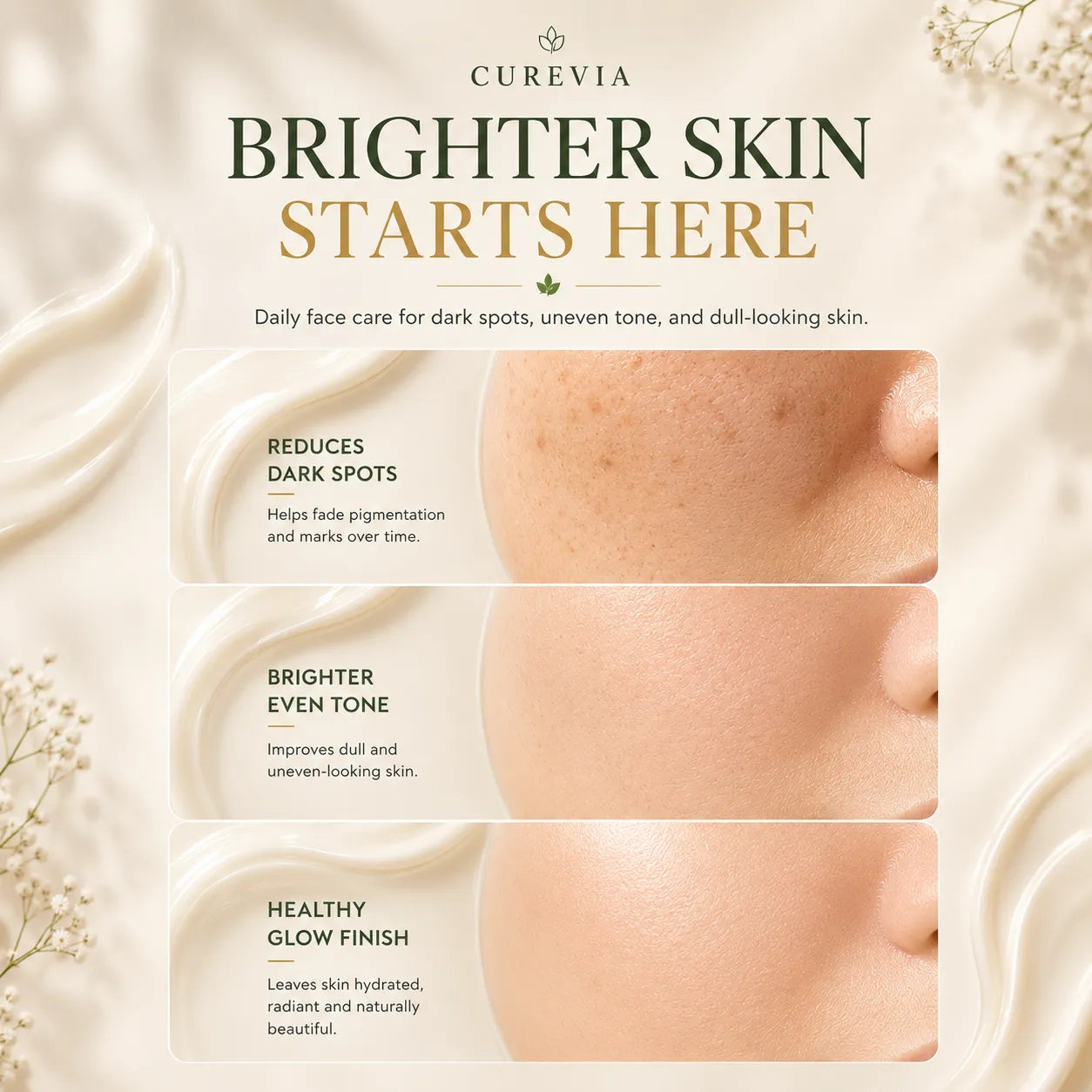 Curevia Brightening and Dark Spot Repair Cream for brighter, smoother and more even-looking skin