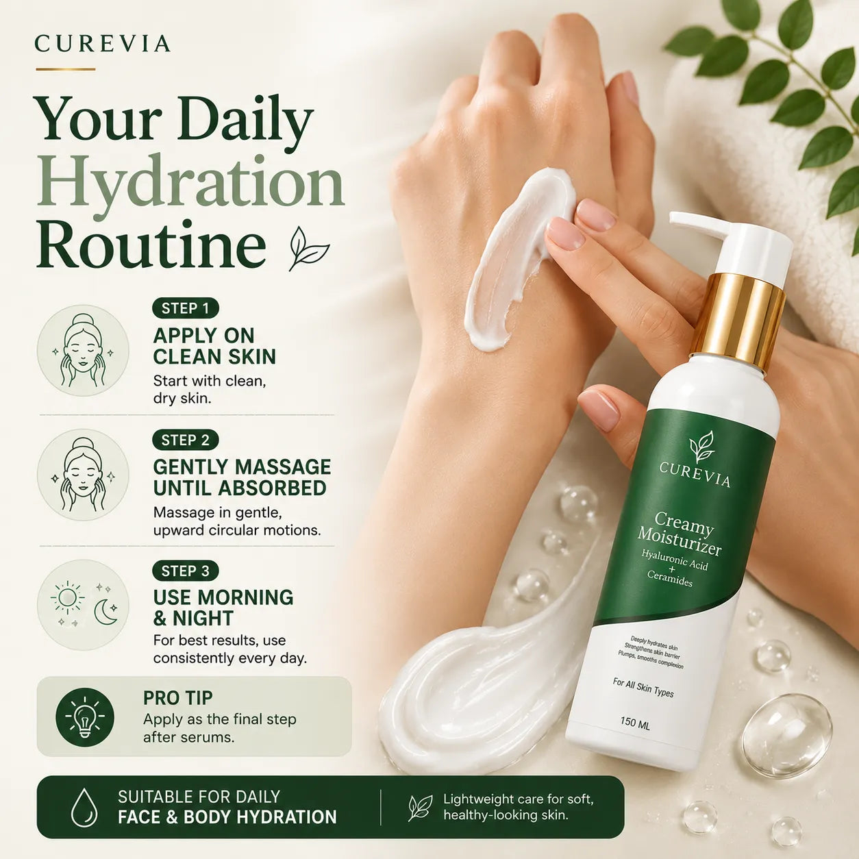 How to apply Curevia Hydration and Barrier Repair Moisturizer as part of a daily skincare routine
