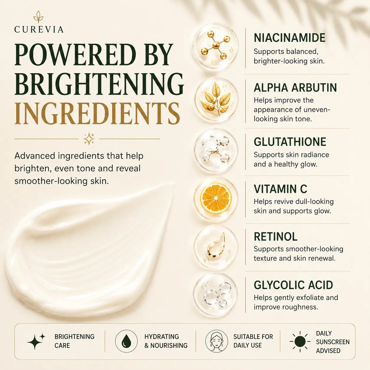 Curevia Brightening and Dark Spot Repair Cream with ingredients that support brighter and healthier-looking skin